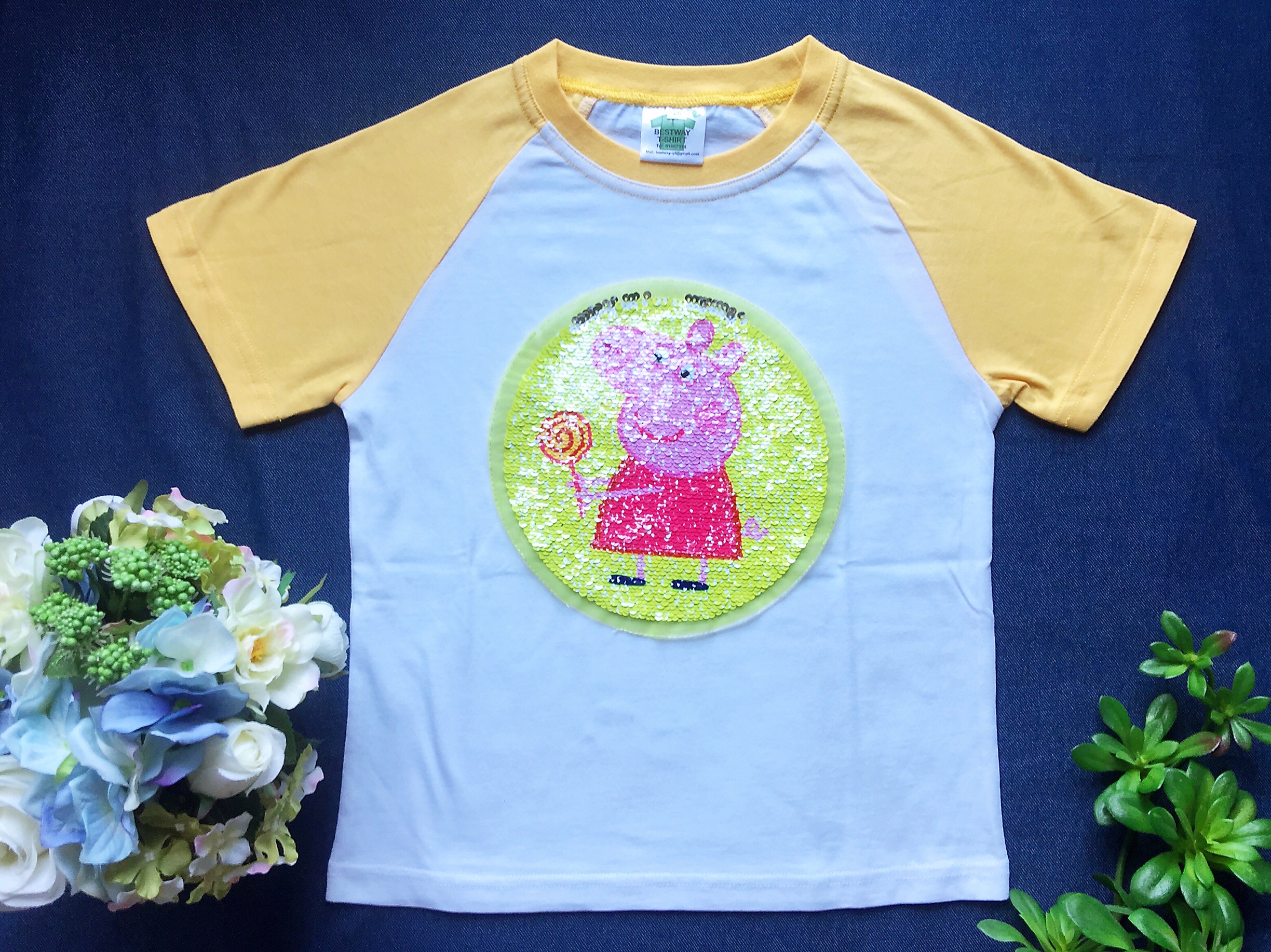 t shirt cotton reversible sequin embroidery kids unisex boy girl 纯棉T恤可翻转亮片|,|