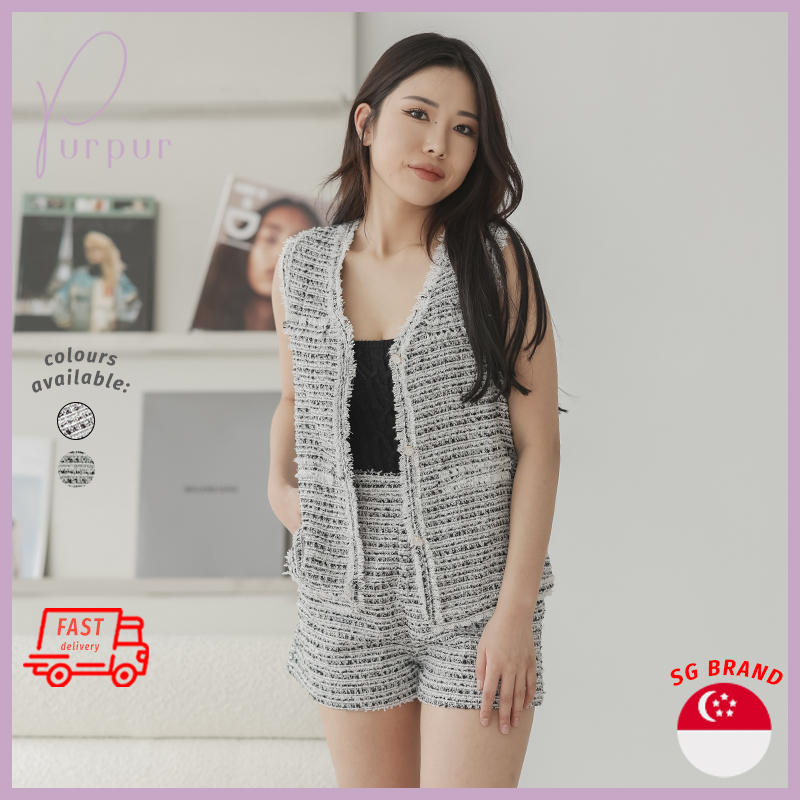 Purpur Women Outerwear Hello Tweed Buttoned Frayed Sleeveless V Neck Vest Black|,|
