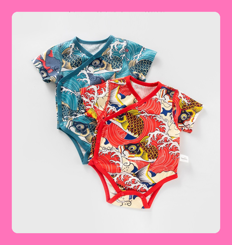 [SG Ready Stock] CSRB049 Baby Boys Kimono Romper Bodysuit Onesies Manga Prints Auspicious Carps Koi Fish [ Little Gems] Red Blue|,|