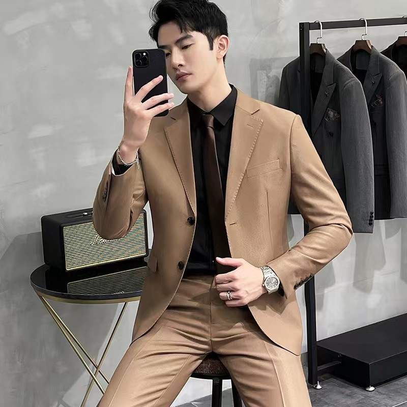 Plus size khaki 2pc set pants+blazer men&#x27;s business suit Blazer groom best man slim wedding dress|,|