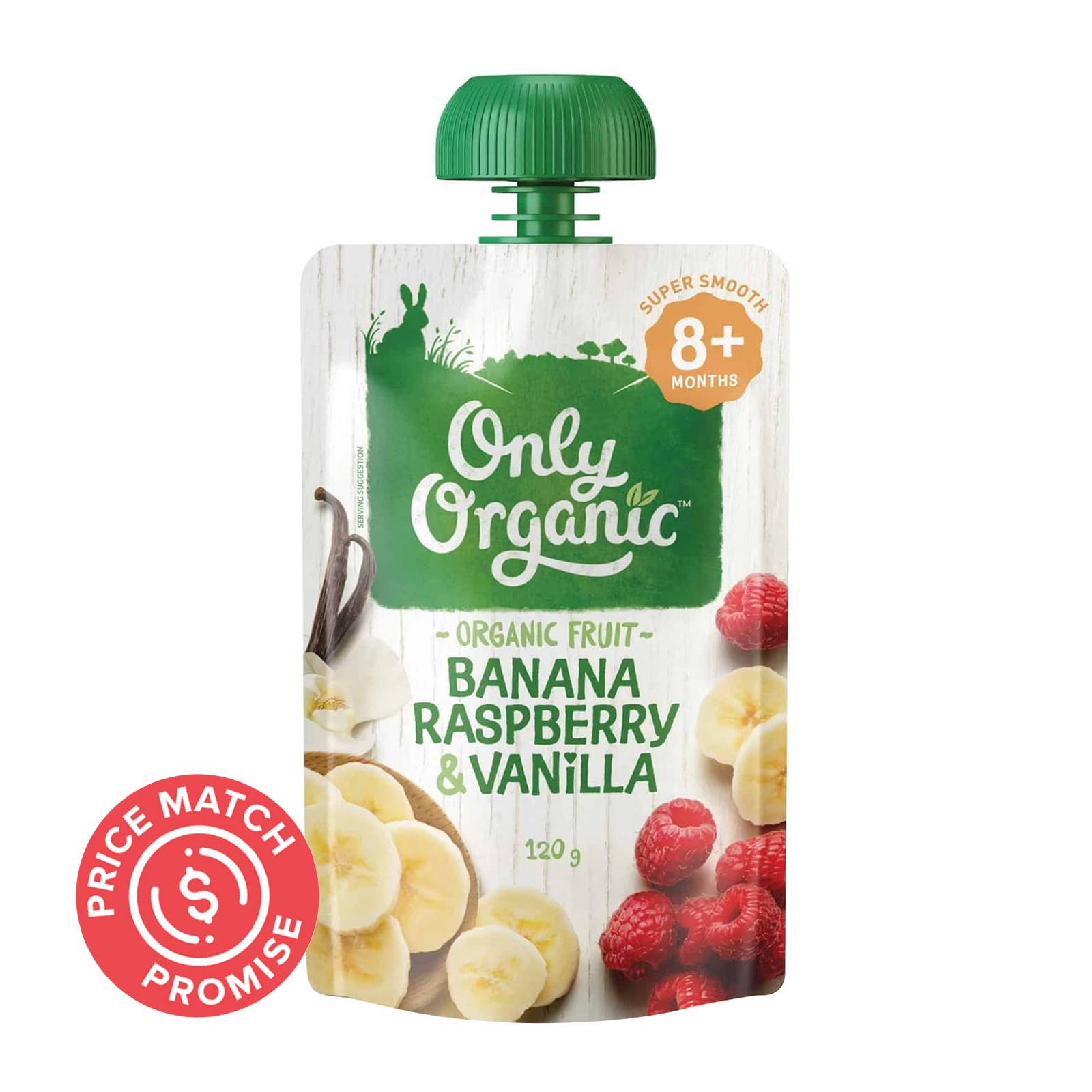 Only Organic Banana Raspberry &amp; Vanilla Pouch 120G - From 8 Months Jar|,|