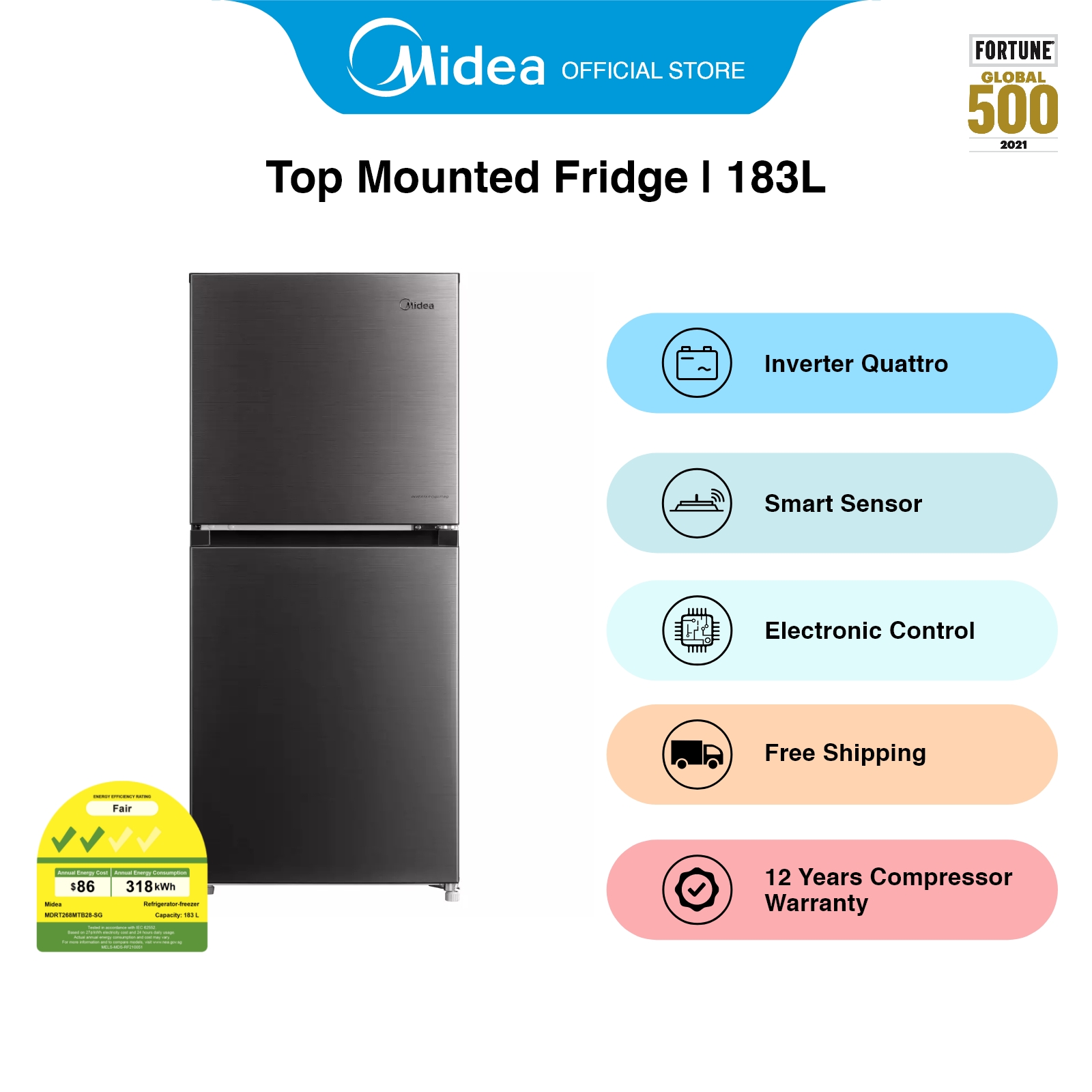 [Bulky] Midea MDRT268MTB28-SG Black Top Mounted Fridge, 183L, Energy Rating 2 Ticks|,|