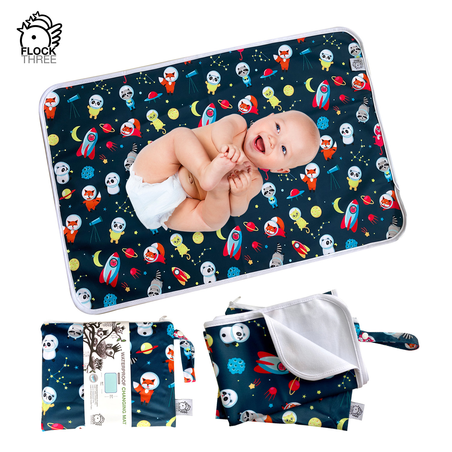 FLOCK THREE Waterproof Baby Diaper Changing Pad 50cm X 73cm with Storage Bag 73cm X 110cm Large Washable Wipeable Reusable Leak Proof Diaper Travel Mat Station Changing Mattress Liner Cribs Bed Cover|