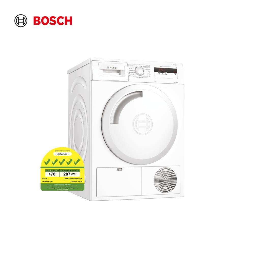 Bosch WTH83007SG 7kg heat pump dryer 5 ticks Anti-Vibration Side Panels reduce vibrations, AutoDry and Sensitive Drying system, Energy saving PLC|,|