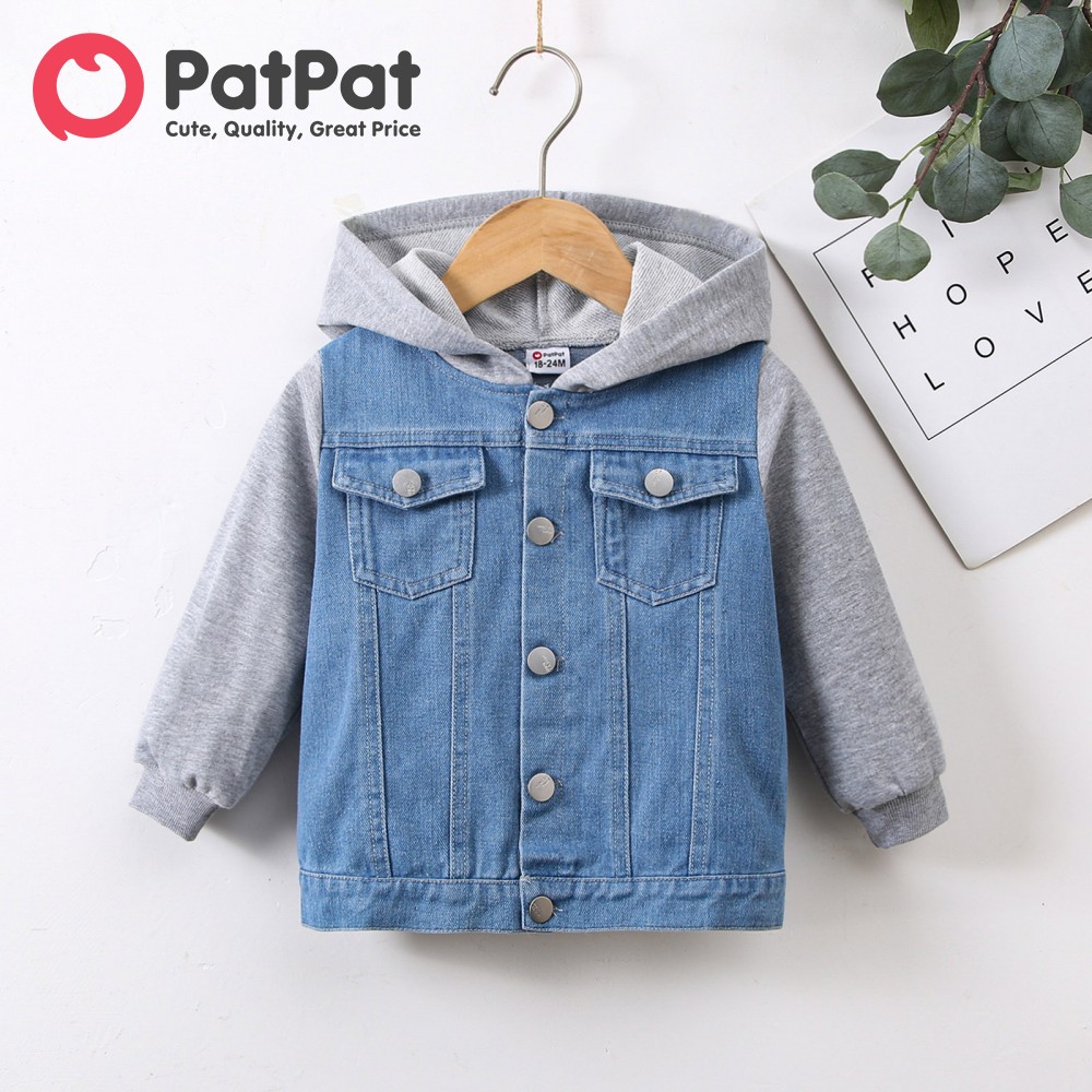 PatPat Toddler Boy Trendy Denim Splice Hooded Jacket|,|