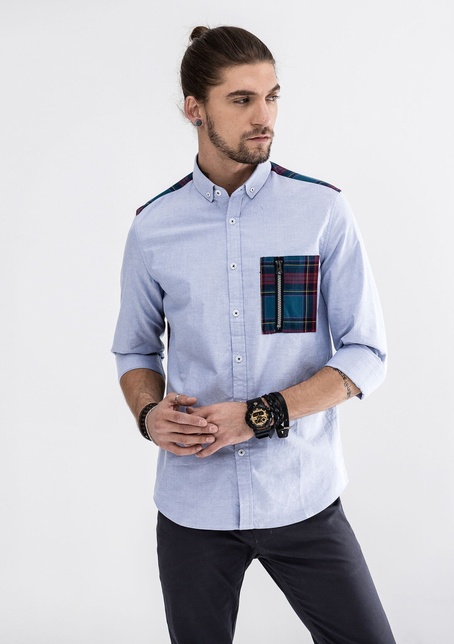 Explorer Authentic Zipper Checkered Pocket Long Sleeve Shirt|,|